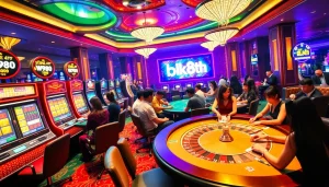 Players enjoying a thrilling game in the luxury setting of bk8th casino, featuring slot machines and poker tables.