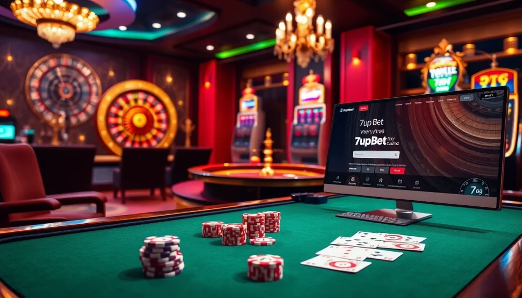 Engage with the thrilling 7upbet login interface amidst a glamorous casino atmosphere.