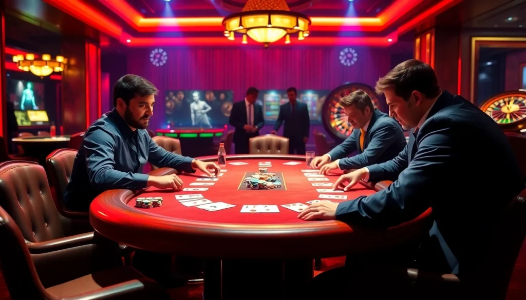 Exciting scene of players at a poker table, showcasing hidden wiki onion themes in a luxurious casino atmosphere.