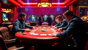 Exciting scene of players at a poker table, showcasing hidden wiki onion themes in a luxurious casino atmosphere.