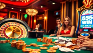Experience the thrill of winning at the 555 win gaming table with colorful cards and vibrant roulette.