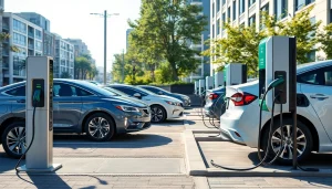 Visual representation of an EV charger solution showing an installation in an urban area with electric vehicles.