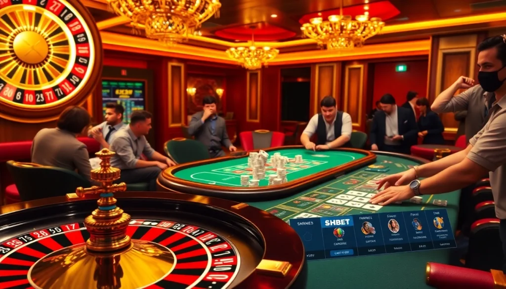 Vibrant casino gaming scene emphasizing https://shbet.law/ with roulette, poker, and thrilled players.