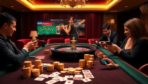 KJC XX88 players engaging in thrilling online casino games, showcasing poker chips and vibrant casino elements