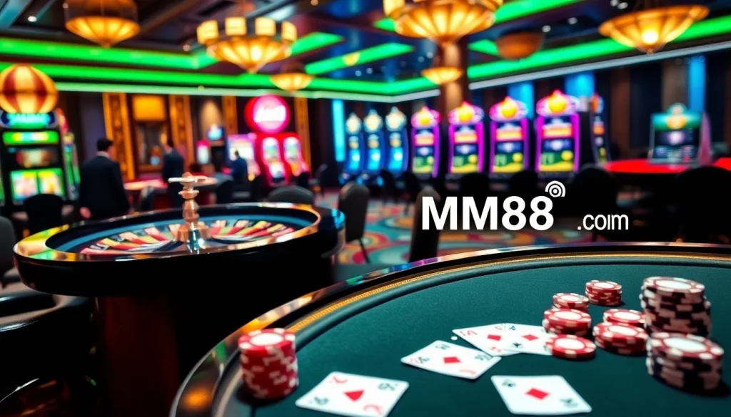 Experience the excitement of gaming at mm88 com with luxurious casino tables and vibrant slot machines.