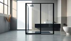 Stylish shower door black frame in a modern bathroom design, showcasing elegance and sophistication.