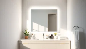 Enhance your bathroom's elegance with a feature mirror light mirror reflecting modern design.