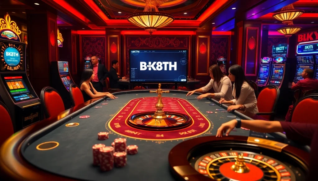 Enjoy thrilling gameplay at BK8TH with vibrant casino games, poker chips, and exciting roulette wheels.