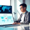 快连官网：一名自信用户在现代工作空间使用高速VPN服务。