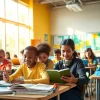 Engaging classroom scene showcasing modern education with diverse students working collaboratively