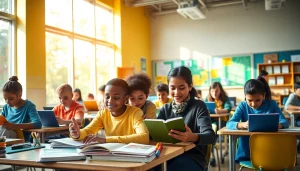 Engaging classroom scene showcasing modern education with diverse students working collaboratively
