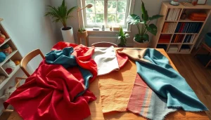 Bekijk populaire stoffen collectie met kleurrijke textielstalen op een houten tafel.