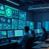 Cybersecurity AI professionals analyzing advanced threat data in a modern lab setting.
