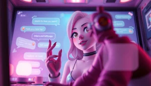 Engaging NSFW AI chat with a stylish animated girlfriend character in a playful digital environment.