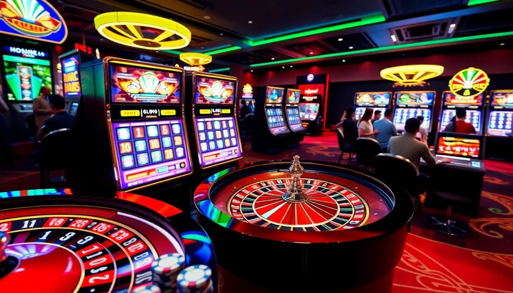 Experience excitement with onicplay login through vibrant casino visuals featuring slot machines, roulette, and poker chips.