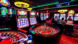 Experience excitement with onicplay login through vibrant casino visuals featuring slot machines, roulette, and poker chips.