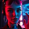 Futuristic NSFW AI chat interface featuring a virtual character in a digitally immersive setting.
