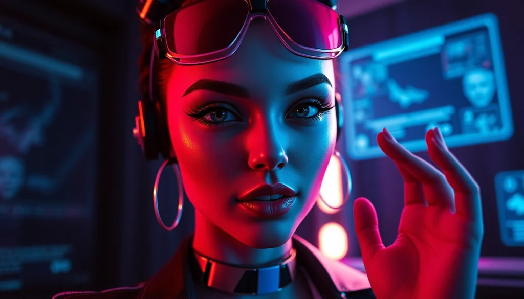 Futuristic NSFW AI chat interface featuring a virtual character in a digitally immersive setting.