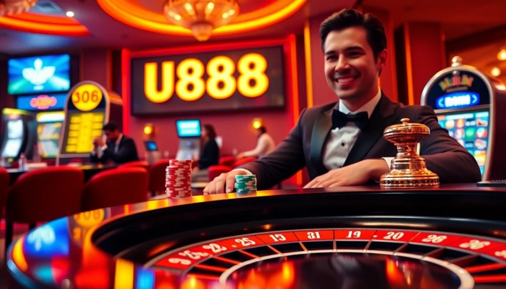 Experience the thrill of U 888 with vibrant casino action featuring roulette and poker chips.