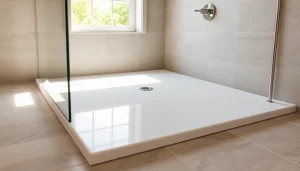 Showcase a stunning shower base with elegant tiles in a bright bathroom setting.