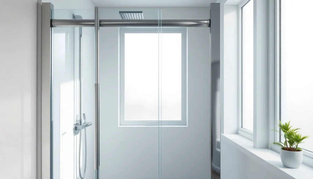 Stylish shower screen door reflecting modern design in a bright bathroom.