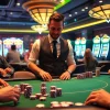 Engage in the thrilling atmosphere of game 98win at a luxury casino table with poker chips and excited players.