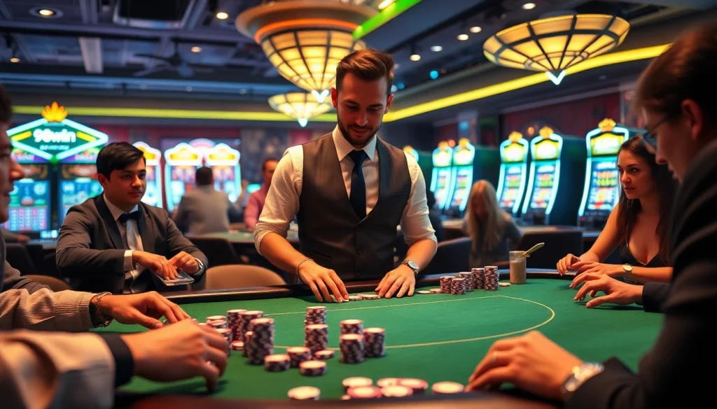 Engage in the thrilling atmosphere of game 98win at a luxury casino table with poker chips and excited players.