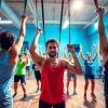 Active individuals using pull-up resistance bands in a modern gym setting.