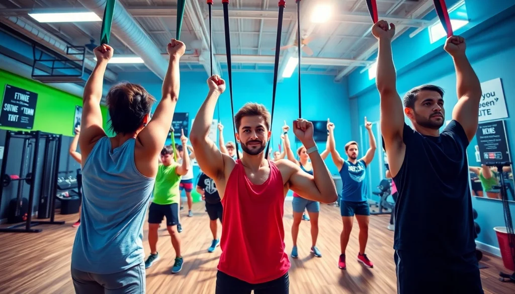Active individuals using pull-up resistance bands in a modern gym setting.