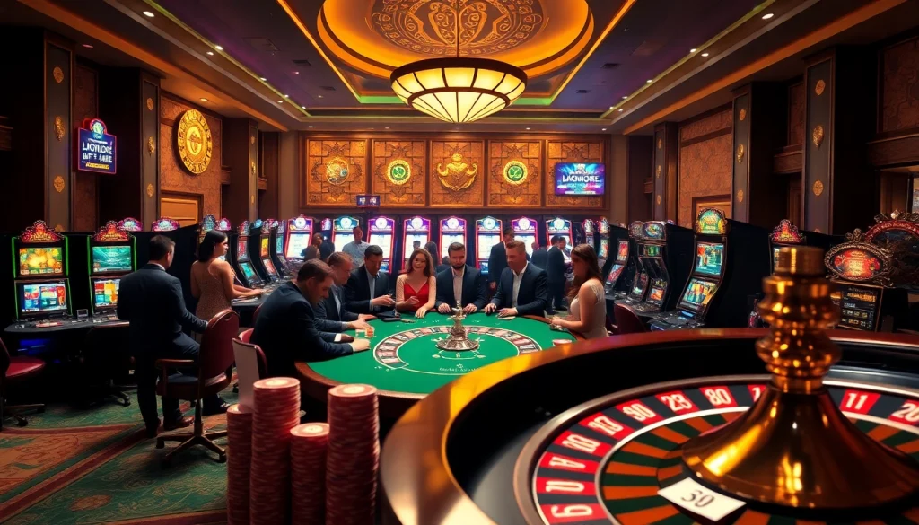 Engaging casino scene featuring poker players and slot machines, highlighting good88. com.