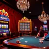 Pemain antusias merayakan Kemenangan MABAR88 di mesin slot kasino yang penuh warna.