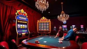 Pemain antusias merayakan Kemenangan MABAR88 di mesin slot kasino yang penuh warna.