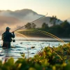 Angler expertly casting a fly fishing line over a tranquil river at dawn.