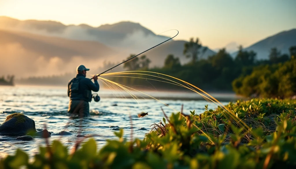 Angler expertly casting a fly fishing line over a tranquil river at dawn.