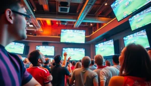 Engaged fans watching live sports broadcasts on 토토스토리 in a lively sports bar.