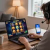 Pemain dengan antusias terlibat dengan permainan slot LAOBAN188 dalam pengaturan permainan yang penuh warna.