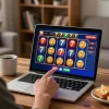 Excited player spinning the reels on slot777 game from home setup during online casino session.