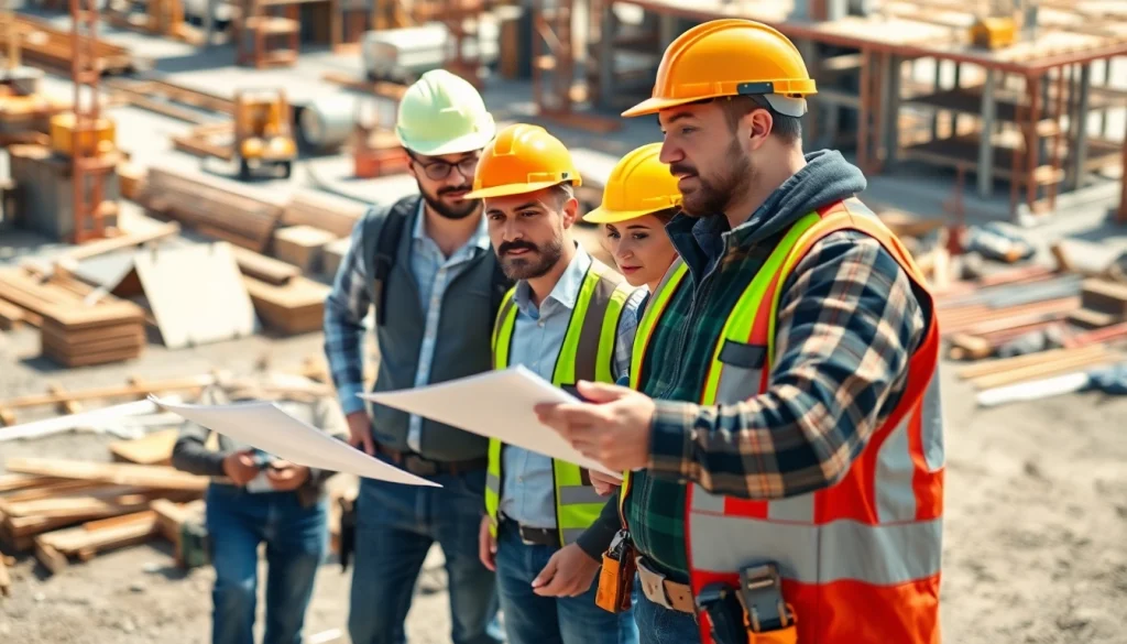 Construction advocacy illustrated by workers collaborating on a site, enhancing safety and teamwork.