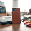 Entdecken Sie die Handytasche Lehrer mit einzigartigem Design auf einem Schreibtisch.