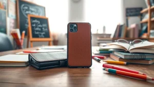 Entdecken Sie die Handytasche Lehrer mit einzigartigem Design auf einem Schreibtisch.