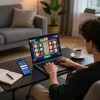 Engaging in uu88 online gaming at home with laptop showing slots, promoting responsible gambling