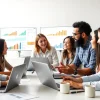 Analyze SEO performance data with a professional marketing team in a vibrant office environment.