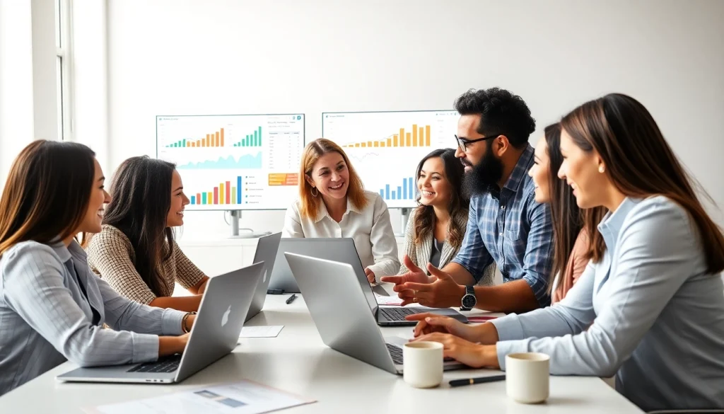 Analyze SEO performance data with a professional marketing team in a vibrant office environment.