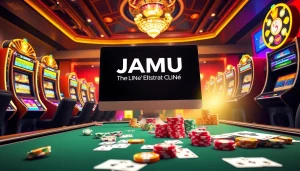 Engaging scene showcasing jamuslot alternatif platform with slot machines and poker chips.