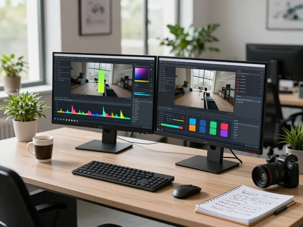 Video to promptgenerator in action, showcasing video analysis on modern dual-screen setup.