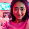 Engaging AI girlfriend character in a cozy, modern virtual room.