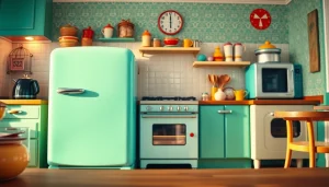 Showcase a Retro Appliance in a vibrant kitchen with vintage decor and warm lighting.