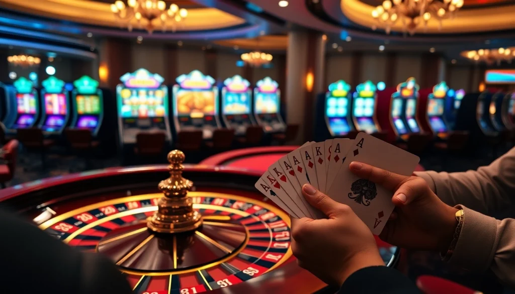 Intense affrontement de poker mettant en avant des éléments de casino en ligne France avec des cartes élégantes et une atmosphère excitante.