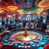 Experience rebahin-inspired excitement at a vibrant casino scene featuring roulette, poker chips, and thrilling players.