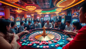 Experience rebahin-inspired excitement at a vibrant casino scene featuring roulette, poker chips, and thrilling players.
